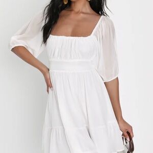Lulu's White Smocked Mini Dress with Bishop Sleeves